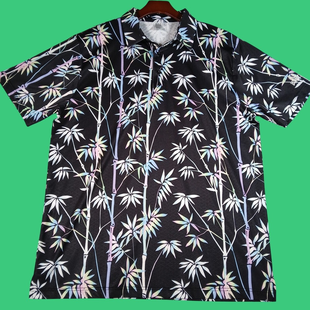 Golf Gods Australia Polo Shirt Mens Large Bamboo Pattern Black Pastel Golfing